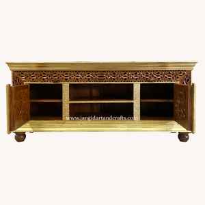 Meuble TV traditionnel en bois sculpté à la main avec finitions en laiton antique pour salon / salle de séjour / hall d'entrée Rajasthan - Product Image 3