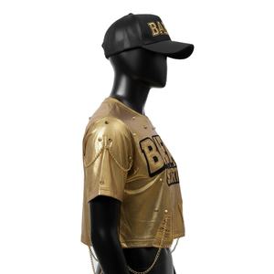 Top corto metálico prémium para mujer, de poliéster y spandex, suave y elástico, color dorado, diseño de logotipo con transferencia térmica, camiseta corta de algodón para mujer - Product Image 6