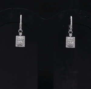 <b>14K</b> White <b>Gold</b> Drop <b>Hoop</b> <b>Earrings</b> with Round Baguette Diamonds Rectangle Halo Design in Prong-Bezel Setting - Product Image 1