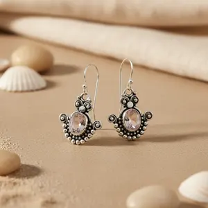 Boucles d'oreilles pendantes en argent 925 plaqué or 18 carats avec quartz rose pour femmes, bijoux de mariage avec perle et diamant, boucles d'oreilles pendantes plaquées or - Product Image 3