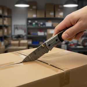 Navaja Plegable de Bolsillo de Acero de Damasco Forjada a Mano con Funda de Cuero, Regalo OEM al por Mayor, Tendencia, Cuerno de Carnero, para Camping, 3 Años de Garantía - Product Image 3