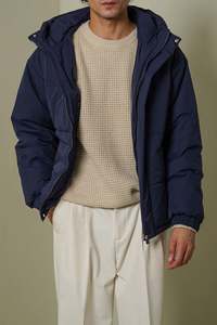 แจ็กเก็ตทรงสูงแบบมีซิปรูดแนวสตรีทของผู้ชายปกเสื้อมีฮู้ดสีน้ำเงินเข้มดีไซน์บับเบิ้ลสีโอเวอร์ไซส์สำหรับทุกเพศ - Product Image 3