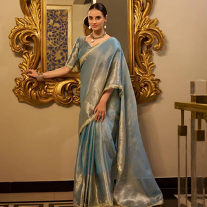 New Fashion Designer Sari In <b>Tissue</b> Shimmer With Zari Weaving Work Sequins Lace Border Saree And Blouse <b>Wedding</b> Party Collection - Product Image 1