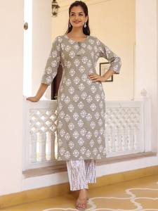 Kurta estampado gris con pantalones con dupatta - Product Image 4