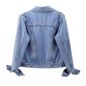 Women Light Blue Denim Jacket Adorned Pearl Studded Collar Shoulders Fashion Statement Piece Sparkling <b>Details</b> Spring Front - Product Image 2