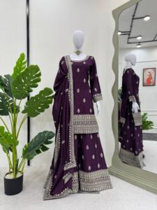 ปาร์ตี้ที่สวยงามสวมด้านบน-ด้านล่างและ dupatta กับด้ายที่มีการทำงานตามลำดับ - Product Image 4