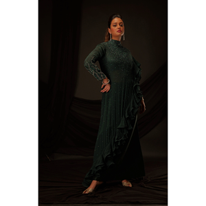 Robe de soirée élégante en vert foncé à volants, robe longue à manches longues pour femmes, tenue de soirée au meilleur prix - Product Image 2