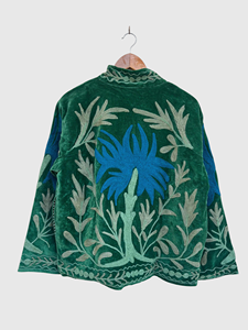 Hand Embroidered Quilted Velvet Jacket Mandarin Collar Full Sleeve Plus Size Adult Floral Pattern Blouson Style Spring Cotton - Product Image 2