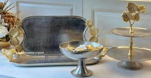 Luxury Leaf Design Silver Gold Aluminum Eco-Friendly Serving Tray Set Decorative <b>Fruit</b> <b>Bowl</b> <b>2</b>-<b>Tier</b> Cupcake Stand for Home Decor - Product Image 2