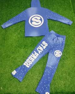 Nuevo invierno sol se desvanece desgastado bordado Flare pantalón trajes de algodón Rhinestone crudo dobladillo Unisex personalizado ropa de calle trajes de sudor - Product Image 3