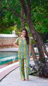 <b>Women</b> Summer Outfit Block Print Pure Cotton Day Wear Co-ord Set Shirt and <b>Trouser</b> Set Holiday Wear Summer Outfit Slit <b>Trousers</b> - Product Image 3