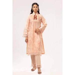 Ensemble 2 pièces orange non cousu pour femme, brodé, en tissu lawn, avec col mandarin, imprimé floral, coupe ample - Product Image 1