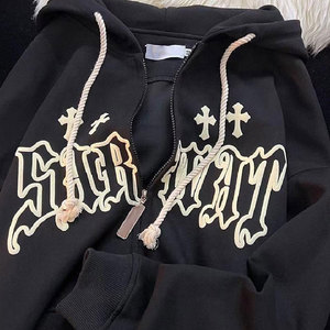 เสื้อฮู้ดดี้สตรีทแวร์สีชมพูแบบมีเชือกผูก ผ้าคอตตอน 100% ทรงหลวม ซิปหน้า พิมพ์ลายพัฟฟ์ น้ำหนัก 500 กรัม สำหรับผู้ชาย - Product Image 5