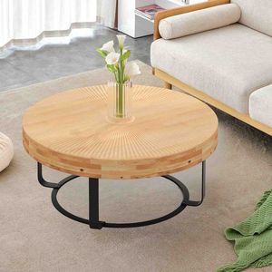 Industrial style reclaimed <b>wood</b> <b>coffee</b> <b>table</b> with <b>round</b> top and metal frame offering strong durability and rustic charm - Product Image 1