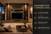 Meuble TV mural LED moderne et minimaliste KEJIA, gris foncé mat, centre de divertissement pour salon avec panneaux d'accentuation en grain de bois