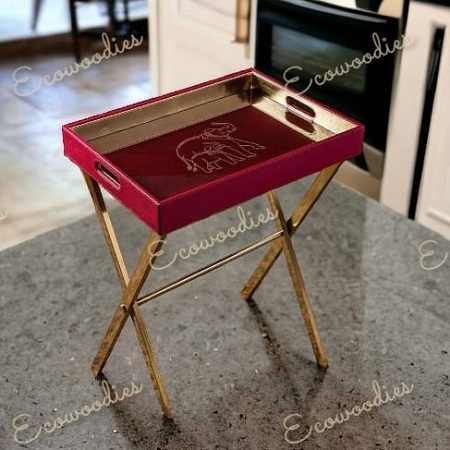 Bamboo Serving Cherry Red Butler Tray Table Adjustable Wooden Breakfast Bed Coffee Table Tray With Handles Foldable Legs