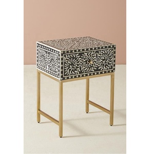 Mesita de noche con incrustaciones de hueso antiguo moderno ajustable bellamente hecho a mano Floral mesita de noche dormitorio negro hogar sala de estar - Product Image 1