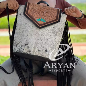 Vente chaude peau de vache sac à dos frange élégant Style occidental sac à dos sacs d'école unisexe usiné à la main sculpture en gros produit en vrac - Product Image 1