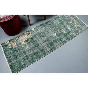 Alfombra de lana Floral turca verde Vintage de 2,2x6,3 pies, patrón de pasillo rectangular hecho a mano clásico para sala de estar, dormitorio adolescente, látex - Product Image 2