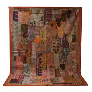 最佳销售印度大号手工刺绣拼布设计橙色稀有复古纱丽被子、扔和毯子