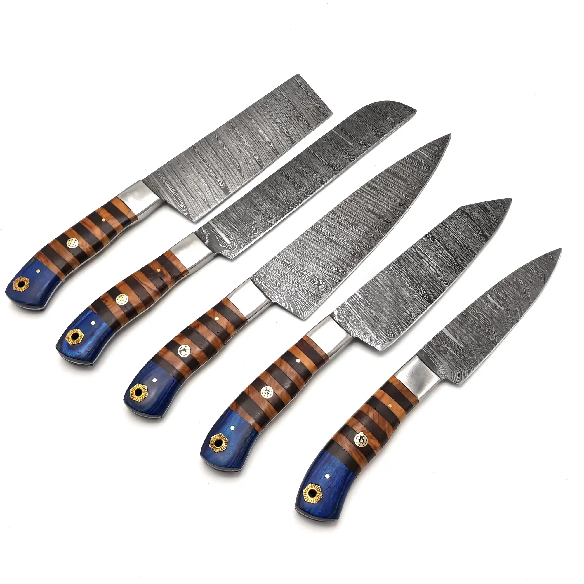 Damascus Stalen Koksmessen Set Van 5 Stuks Met Lederen Schede Met De Hand Gesmede Keukenmessen Keukenmessen & Accessoires