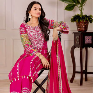 Traje Salwar de tela de seda Vichitra de diseñador, trabajo de secuencia bordada para bodas, fiestas, festivales, ropa India pakistaní - Product Image 1