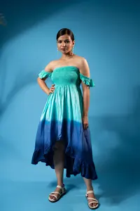 Summer Hot Trending <b>Women</b> <b>Wear</b> Rayon Tie Dye <b>Resort</b> Beach <b>Wear</b> Off the Shoulder High Low Designer Summer Party <b>Wear</b> Dress - Product Image 3