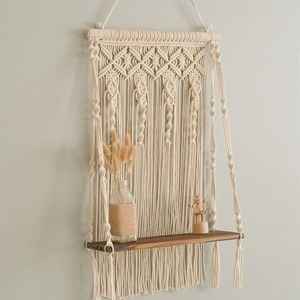 Handmade Macrame Wall <b>Shelf</b> Wooden Double Tier Boho Style Display <b>Rack</b> for Stuffed Toys Bedroom Decor - Product Image 2