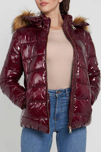 Top Quality Customized Logo Burgundy Elastic Waist Shiny Puffer Jacket With Fur On Hood North Winter Warm Outdoor Bubble Jacket - Product Image 3