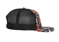 Sombrero de camionero naranja y negro de camuflaje de patos vintage de alta moda con logotipo personalizado Gorra de camionero ajustable con estampado de sublimación para hombre