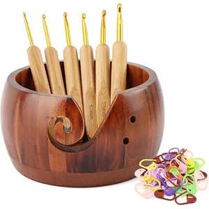 Handmade Wooden Yarn Bowl Rack with 8 Metal <b>Crochet</b> <b>Hooks</b> Woven Bowl for Home Decor Available at Wholesale Price - Product Image 5