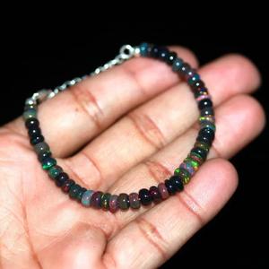 925 <b>Sterling</b> <b>Silver</b> Smooth Rondelle Black Opal <b>Bead</b> <b>Bracelet</b> Fine Beaded Natural Gemstone Jewelry Personalized Gift for Her - Product Image 4