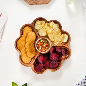 Bandeja de servicio de madera de acacia con 4 secciones y cuenco de inmersión de cerámica Plato de aperitivo de madera hecho a mano Plato de servicio de aperitivos para fiestas - Product Image 3