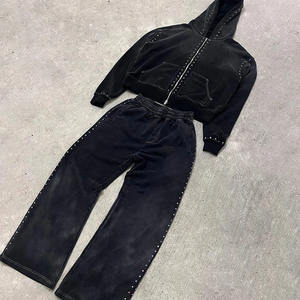 Pantalones de chándal acampanados con diamantes de imitación coloridos con cremallera desgastada personalizada OEM y conjuntos de sudadera para hombre, ropa de calle, chándal lavado con ácido - Product Image 1