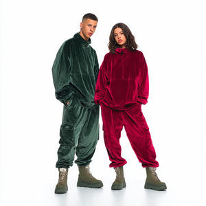 Ensemble de survêtement en velours ample avec fermeture éclair, sweat-shirt en velours surdimensionné, pantalon de jogging, capuche respirante, streetwear d'hiver unisexe - Product Image 1