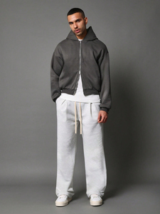 Gris foncé surdimensionné recadrée lourd épais sweats à capuche zippés hommes Logo personnalisé épaule tombante Double curseur pas cher en vrac thermique - Product Image 5