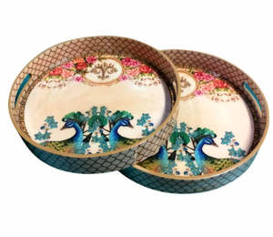 Ensemble de 2 plateaux ronds en bois MDF avec feuille d'or design - Product Image 1