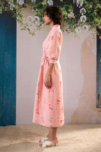 เดรสแม็กซี่แขนสามส่วนสำหรับฤดูใบไม้ร่วงฤดูร้อนผ้าฝ้ายพิมพ์ลายดอกไม้ทำด้วยมือดีไซน์สีทึบแบบหวานเป็นธรรมชาติ - Product Image 2