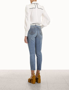 Haute qualité mode nouveautés mode bleu marine denim tuyau de poêle jean jambe large femmes poches arrière jean femmes en gros - Product Image 5