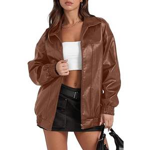 Veste en cuir PU décontractée pour femme avec fermeture à glissière à col à revers à manches longues et poches latérales pour les saisons de printemps et d'automne - Product Image 5