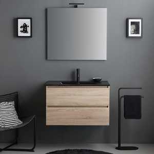 Meuble de salle de bain mural minimaliste en chêne KORICINI 80 cm, deux pièces, avec ensemble lavabo Belize noir mat - Product Image 2