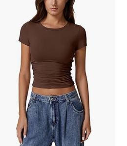 Hauts courts de gymnastique pour femmes été décontracté T-Shirt à manches courtes hauts courts polyvalents pour le yoga coupe ajustée vierge du Bangladesh - Product Image 1