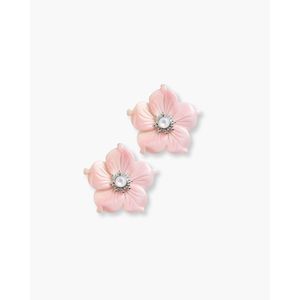 Vintage Carved Flower Stud <b>Earrings</b> with <b>Pearl</b> <b>Diamond</b> & Emerald in Rhodium & Gold Plating - Product Image 1