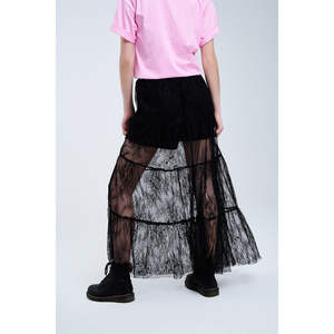 กระโปรงแม็กซี่สีดำผ้าชีฟองลูกไม้พิมพ์ลายดอกไม้ ไซส์ XS กระโปรงมิดิแบบพันรอบตัว หนังนิ่มปักลายพร้อมตกแต่งระบาย - Product Image 4