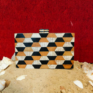 Handcrafted Resin and Natural Wood Inlay Clutch <b>Bag</b> with Hexagon Geometric Pattern for Luxury Evening <b>Party</b> Wear for Women - Product Image 4