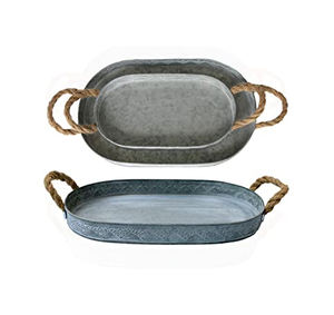Plateau de service rond en métal galvanisé au design moderne pour ustensiles de cuisine, table à manger, plateau de service avec poignée en corde - Product Image 6