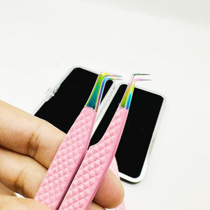 Pince à épiler rose bébé pailletée pour extensions de cils 90 degrés en acier inoxydable lisse de type L Pointes enduites de poudre durable - Product Image 5