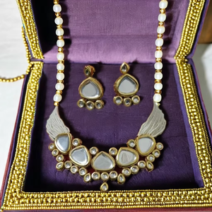 Handmade Women's Kundan Necklace Set with Back Meena Work Ethereal Party Wear <b>Jewellery</b> Gold Plating Made from <b>Brass</b> Material - Product Image 1