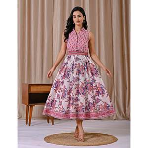 Vestido sin mangas rosa y blanco con estampado de bloques, cuello elegante, informal, largo hasta el suelo, cintura natural, transpirable, con cremallera - Product Image 3