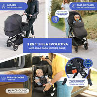 Mobiclinic Poussette pliable taille I 3-en-1 avec filtre UV50 + moustiquaire et housse de pluie gris foncé Poids maximum 22kg Conception à 4 roues